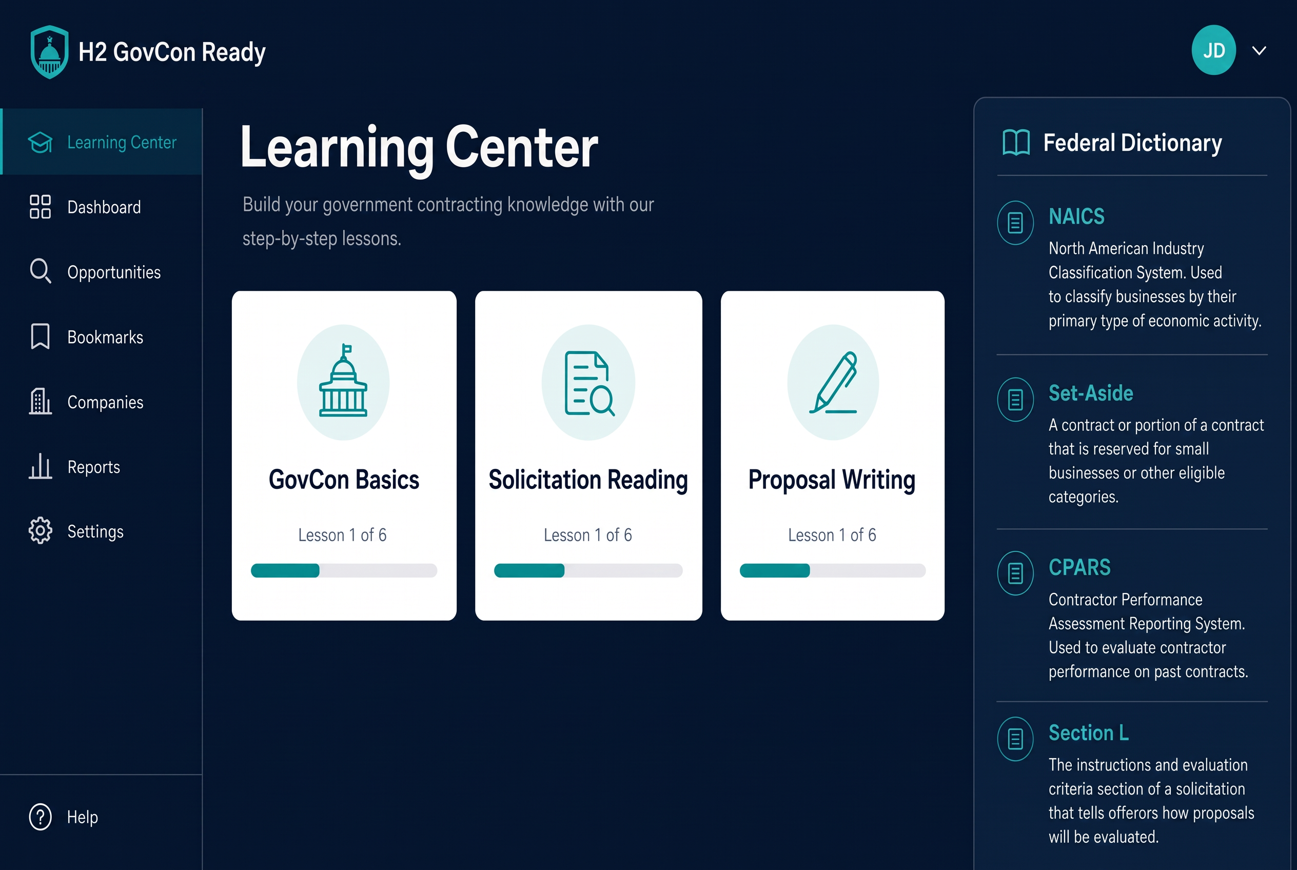 Learning Center page showing lesson cards, progress tracking and the Dictionary