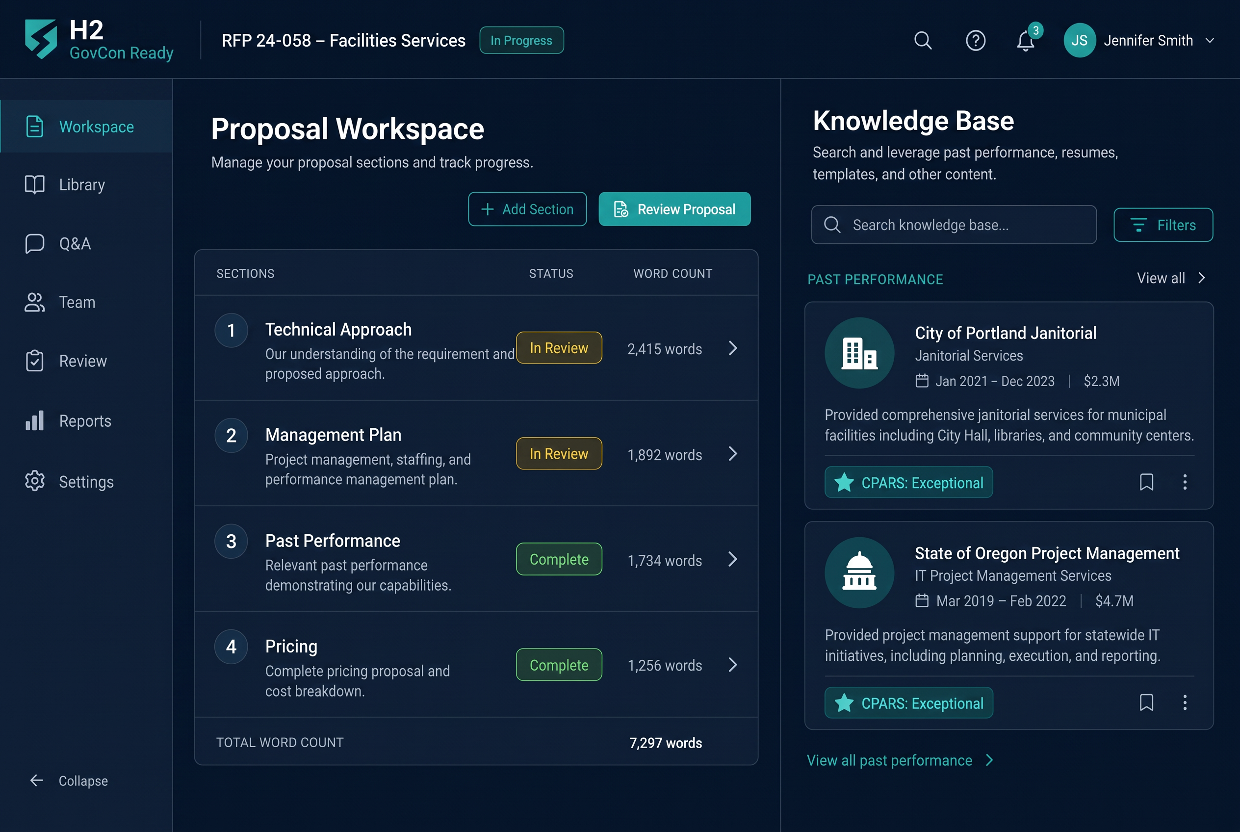 Proposal workspace and company knowledge base side by side with staff profiles and past performance records
